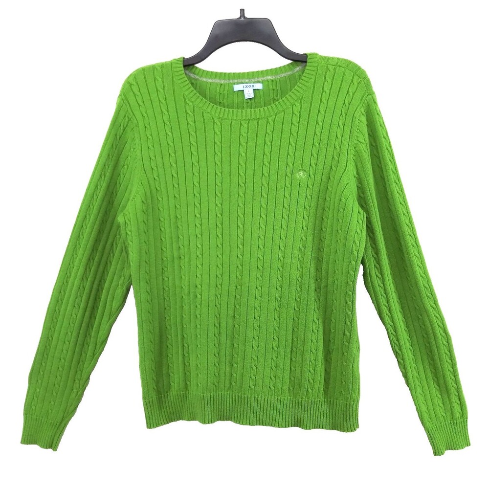 IZOD Sweater Womens Large Green Long Sleeve Round Neck Cable Knit Preppy Top